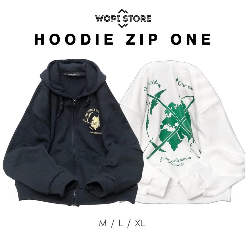 Áo Khoác Hoodie Zip ONE WORLD Form Rộng Tay Dài Phong Cách Ulzzang Nam Nữ Unisex