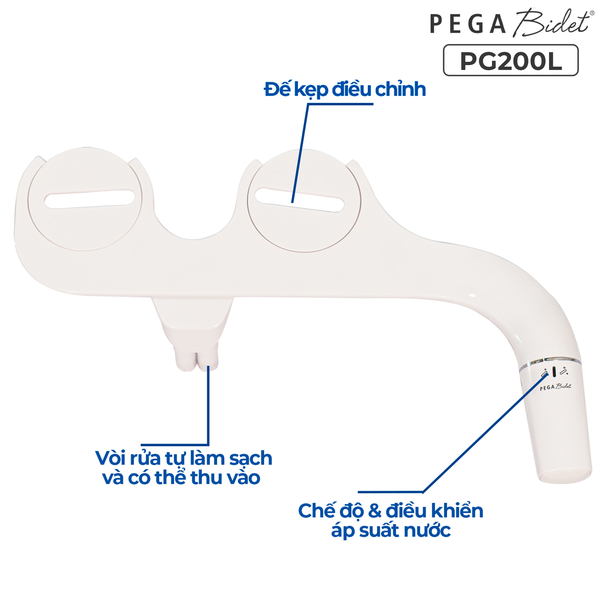 Vòi rửa vệ sinh thông minh PegaBidet PG200, 2 vòi rửa, thân nhựa ABS. Thiết kế thông minh, gắn được cho các loại bồn cầu