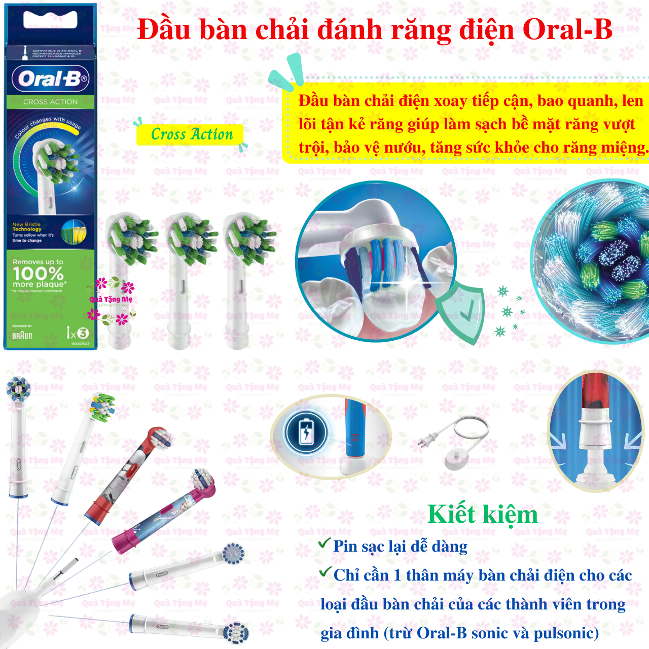 Bàn chải điện, đầu bàn chải oral b - Làm sạch răng, phòng sâu, sạch sẽ bề mặt răng, kẻ răng, đường viền nướu. Răng miệng sạch, khỏe mạnh và thơm tho tự tin khoe nụ cười rạng ngời - QuaTangMe Extaste