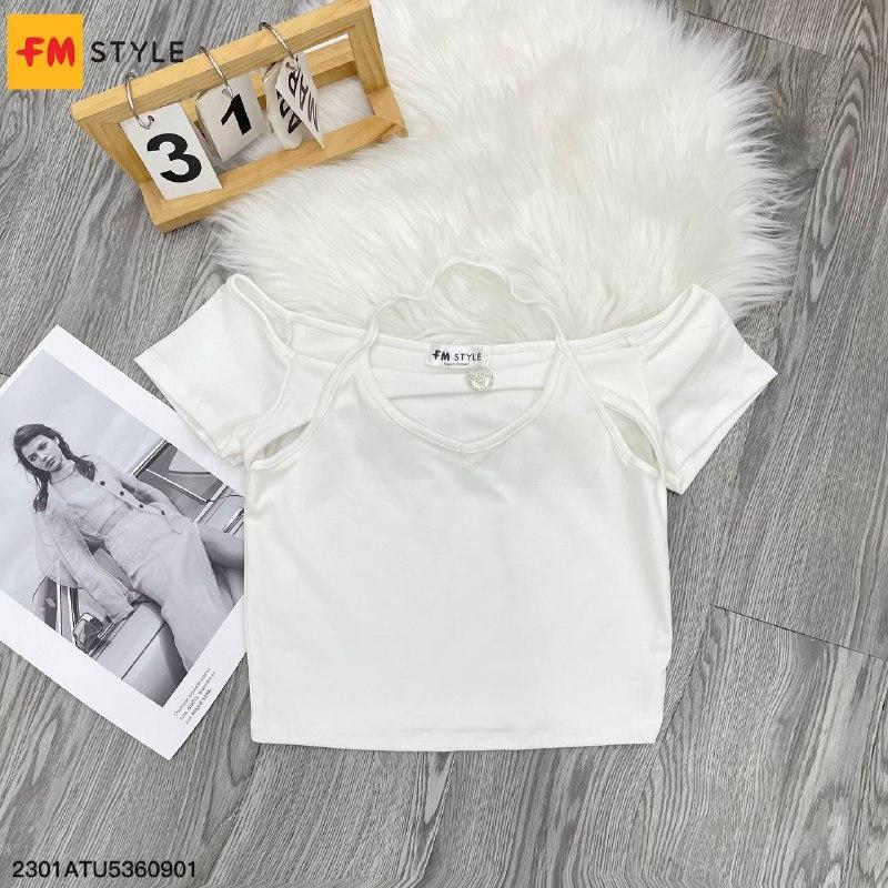 Áo kiểu nữ FM style dáng croptop tay ngắn trễ vai phối yếm cổ khoen thời trang tiểu thư phong cách Hàn Quốc 23010589