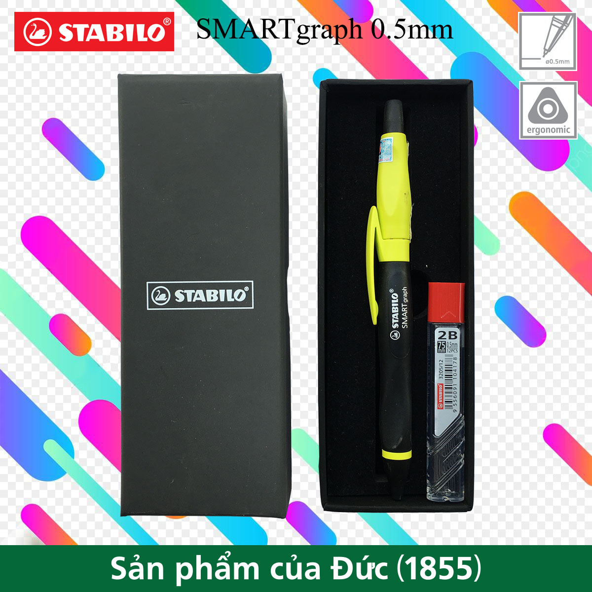 Bộ bút chì bấm STABILO SMARTgraph 0.5mm - Bộ 1 bút chì màu xanh + Tuýp 12 ruột + Bút bi Performer đen (MPE1842S-BUG)