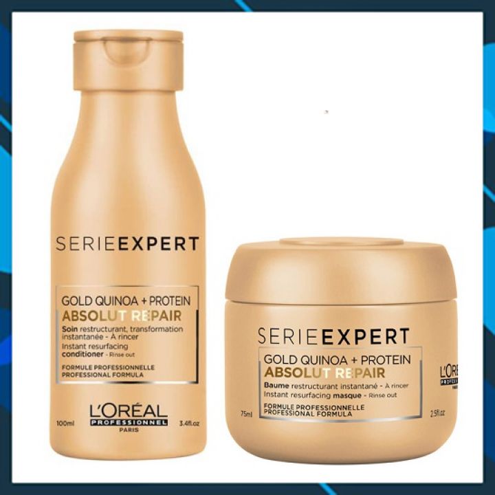 Bộ dầu gội ủ tóc L'oreal Serie Expert Absolut Repair Gold Quinoa phục hồi tóc hư tổn mềm mượt Travel Kit 100ml/75ml