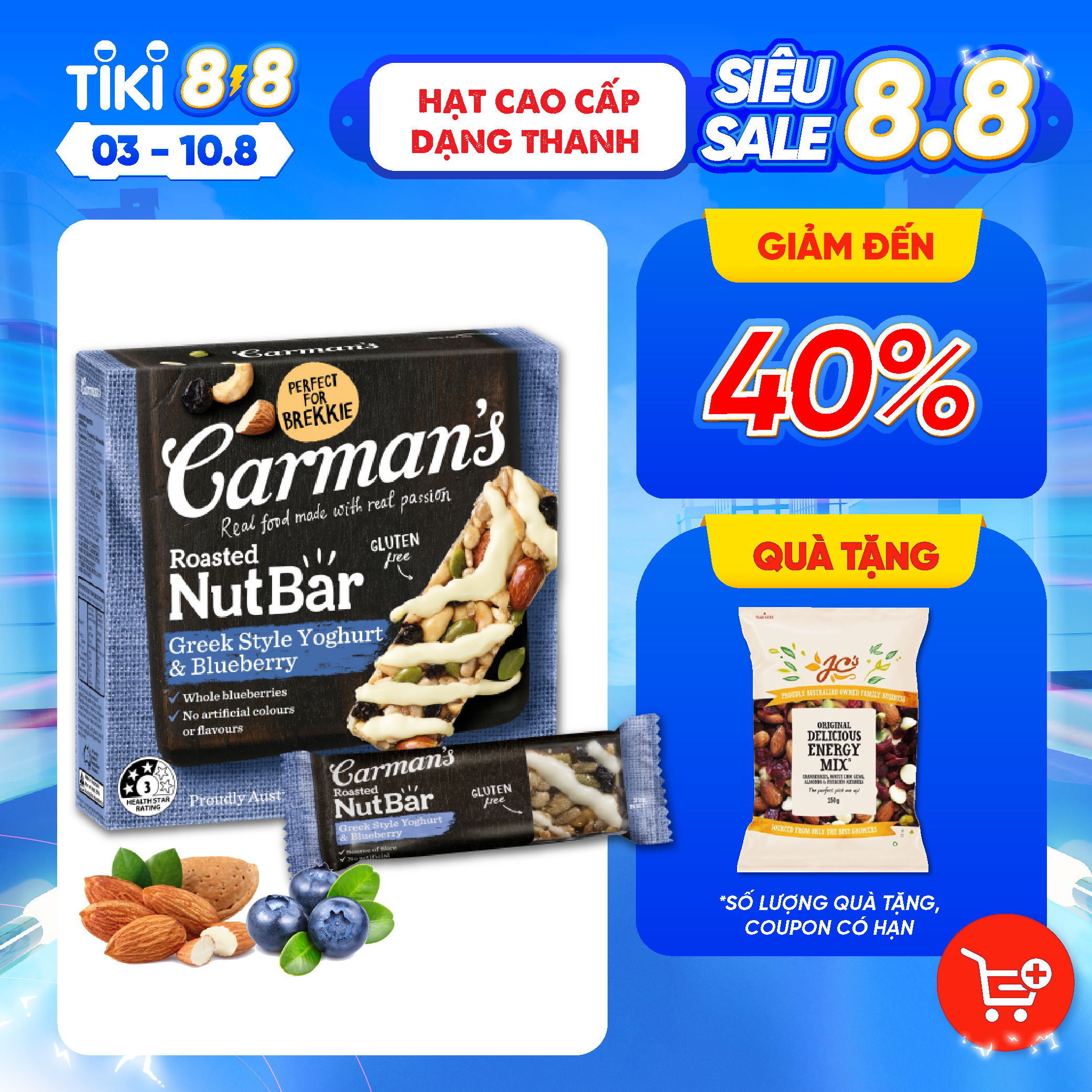 Thanh Hạt Carman's Nut Bar Greek Style Yoghurt, Blueberry - Sữa Chua Hy Lạp, Việt Quất - 160g