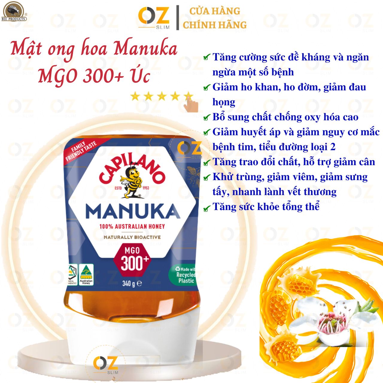 Mật ong hoa Manuka Capilano Active Honey MGO 300+ tăng sức đề kháng, giảm ho, viên họng, dưỡng ẩm da và môi cang mềm mịn - OZ Slim Store