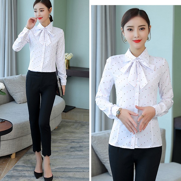 Áo Sơ Mi Nữ Công Sở Thắt Nơ Cổ Nữ Tính Hoạt Tiết Chấm Bi Và Cherry