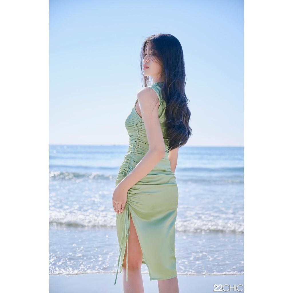 Váy ôm rút dây Green satin dress - 22CHIC
