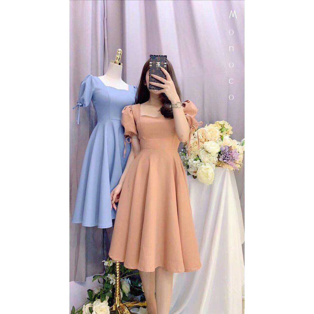 Đầm xòe cổ vuông tay phồng cột nơ xinh lung linh