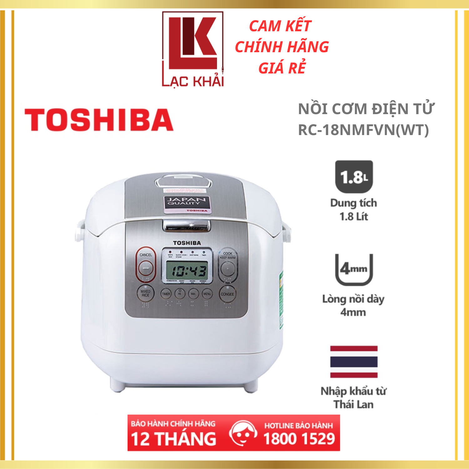 Nồi cơm điện tử Toshiba RC-18NMFVN(WT) - 1.8L - Xuất xứ Thái Lan - Lòng nồi dày 4mm, 2 lớp chống dính trong và ngoài - Chế độ nấu tự động đa dạng - Hàng chính hãng, bảo hành 12 tháng, chất lượng Nhật Bản