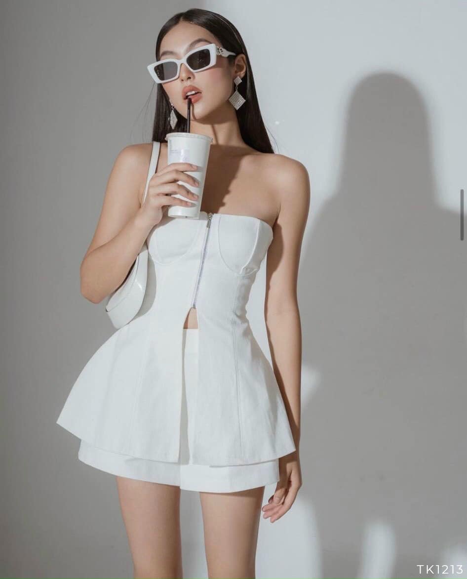 Set quần short áo ống dây kéo hở vai quyến rũ, sang trọng có 2 màu trắng, đen có size