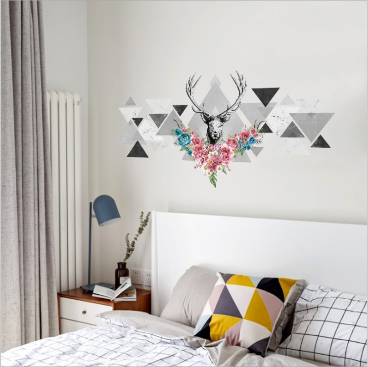 Decal dán tường phòng khách 3D Sừng nai trắng đen - decan cao cấp có keo sẵn tự dán tại nhà dễ dàng