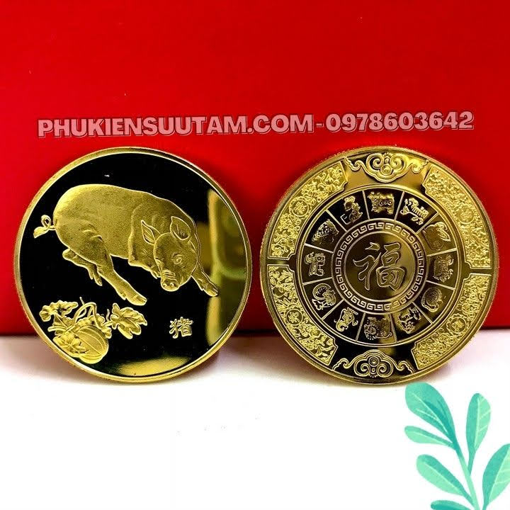 Xu 12 Con Giáp Tuổi Hợi, đường kính: 4cm, màu: vàng - SP005828