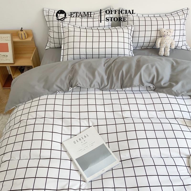 Bộ chăn ga gối đệm cao cấp cotton poly kẻ trắng cute miễn phí bo chun drap giường ga trải giường P12