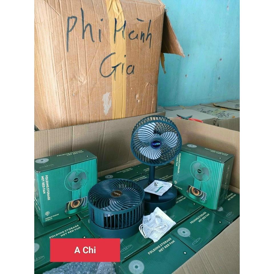 Quạt Tích Điện SUPER Gấp Gọn, Quạt Mini Để Bàn Xoay 180 Độ, 3 Tốc Độ Gió, Cổng Sạc USB, Pin 1200mAh