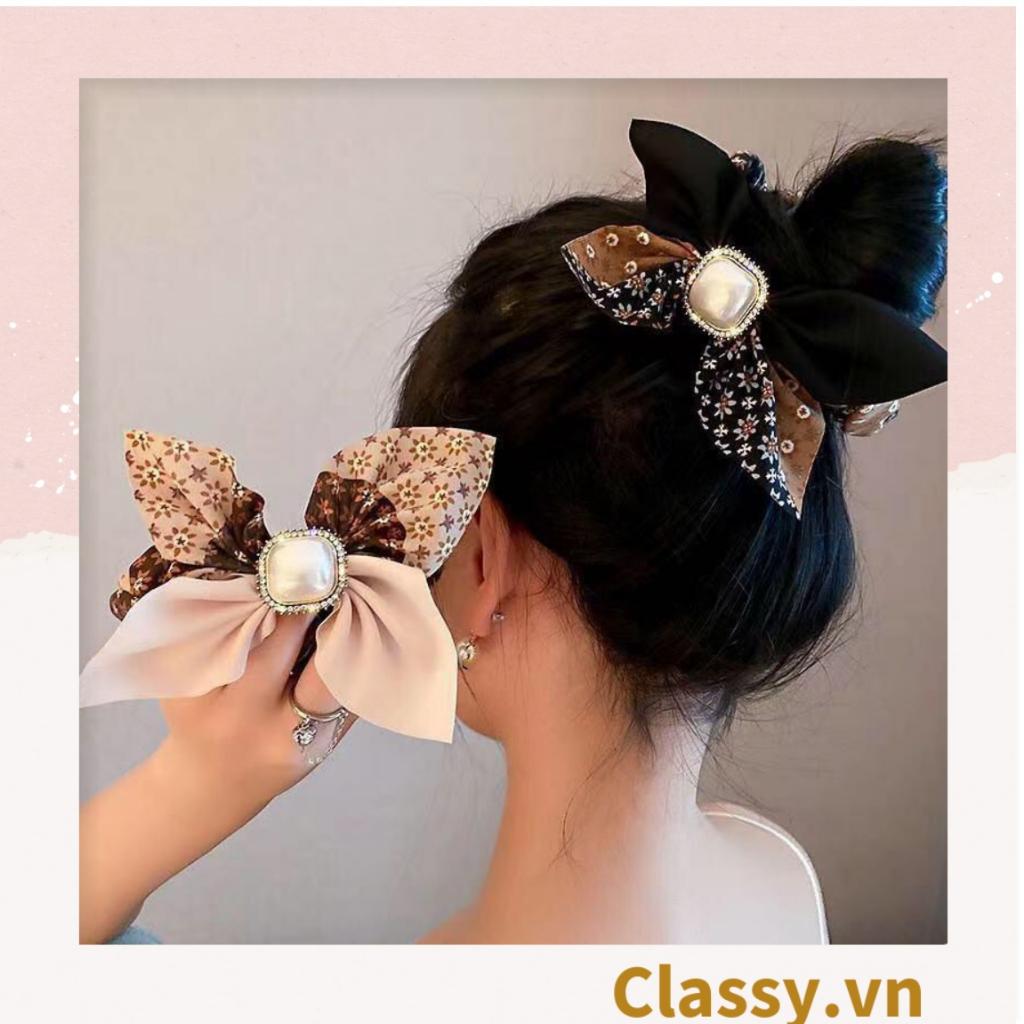 Scrunchies Classy buộc tóc nhiều tông be, đính hạt; style hoàng gia nhiều lớp sang chảnh PK773