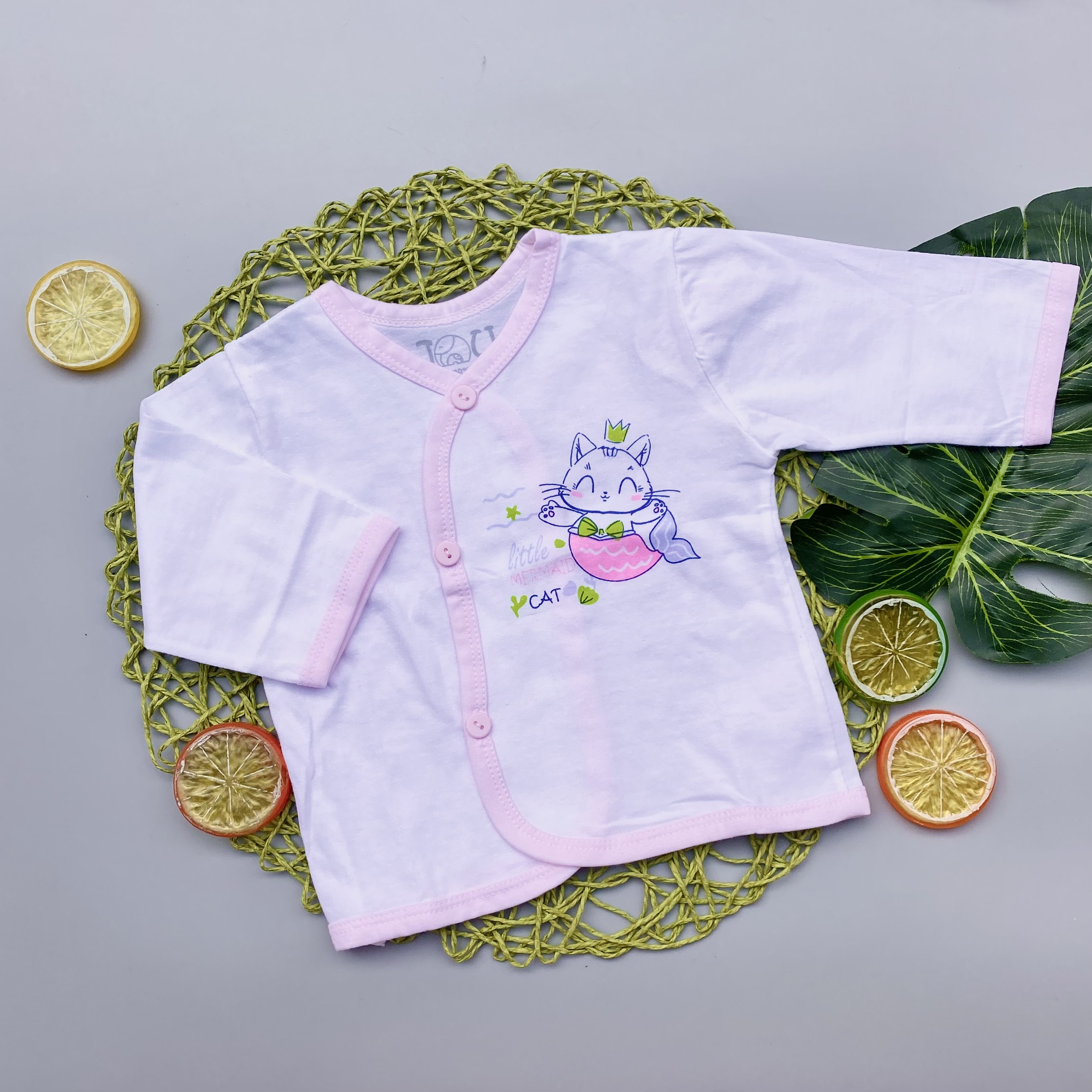 (J03TD) ÁO CÀI XÉO TRẮNG TAY DÀI JOU CHO BÉ (3-11kg) - VIỀN XANH DƯƠNG