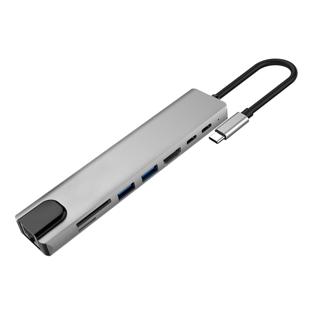 Aluminum Multifunction USB Type-C 8 In 1 HDMI Hub Adapter Card Reader Silver