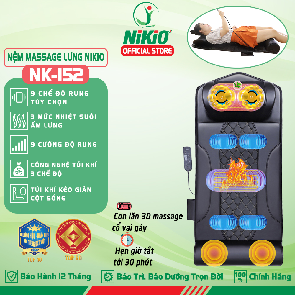 Nệm (Máy) Massage Toàn Thân Nikio NK-152 - Dòng Cao Cấp Có Gối Matxa Cổ Vai Gáy, Mát Xa Đa Năng Với Công Nghệ Xoa Bóp Con Lăn, Rung Và Túi Khí Nâng Đỡ Kéo Giãn Cột Sống - Mát Xa Thư giãn, Giảm Stress, Giảm Đau Mỏi Cổ, Lưng, Mông, Chân