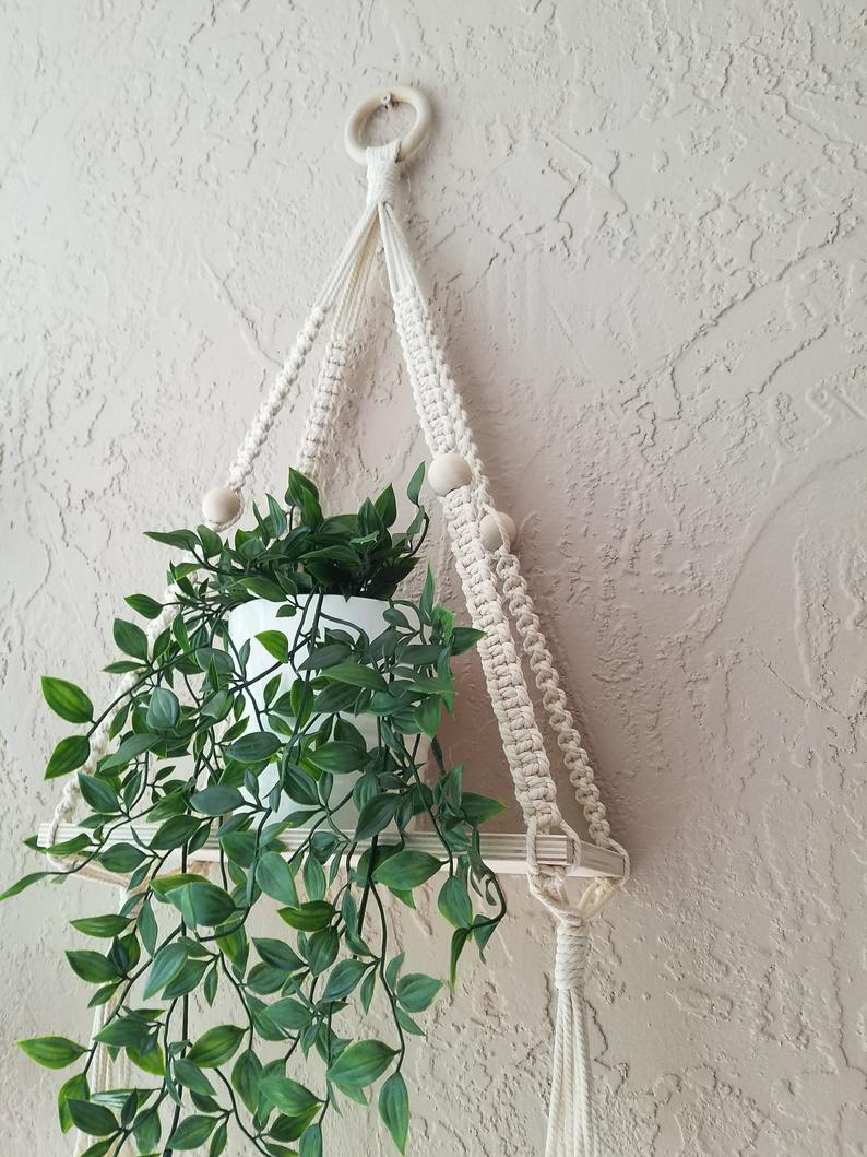 Kệ tết dây cotton xoắn kết hợp hạt gỗ treo tường trang trí gỗ thông tự nhiên- Kích thước DxR: 40x15cm . KTT290321