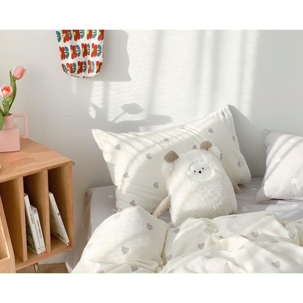 Bộ chăn ga và vỏ gối Cotton Poly Minh Nhật tim nhí trắng ghi cho nàng thơ - Hàng nhập khẩu cao cấp