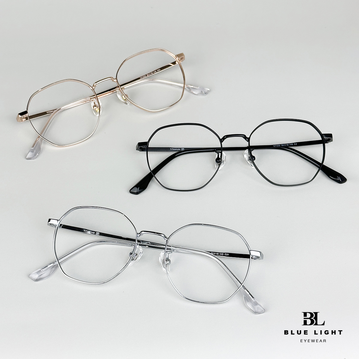 Gọng Kính Cận Giả Cận Nam Nữ Cao Cấp Titanium BLUE LIGHT, Mắt Lục Giác Nhỏ Dày Dặn, Nhẹ, Vàng Hồng Dẻo Bạc, Đen