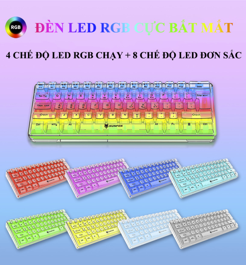 Bàn phím mini có dây XUNFOX K20 thiết kế trong suốt độc đáo với đèn led RGB cực đẹp