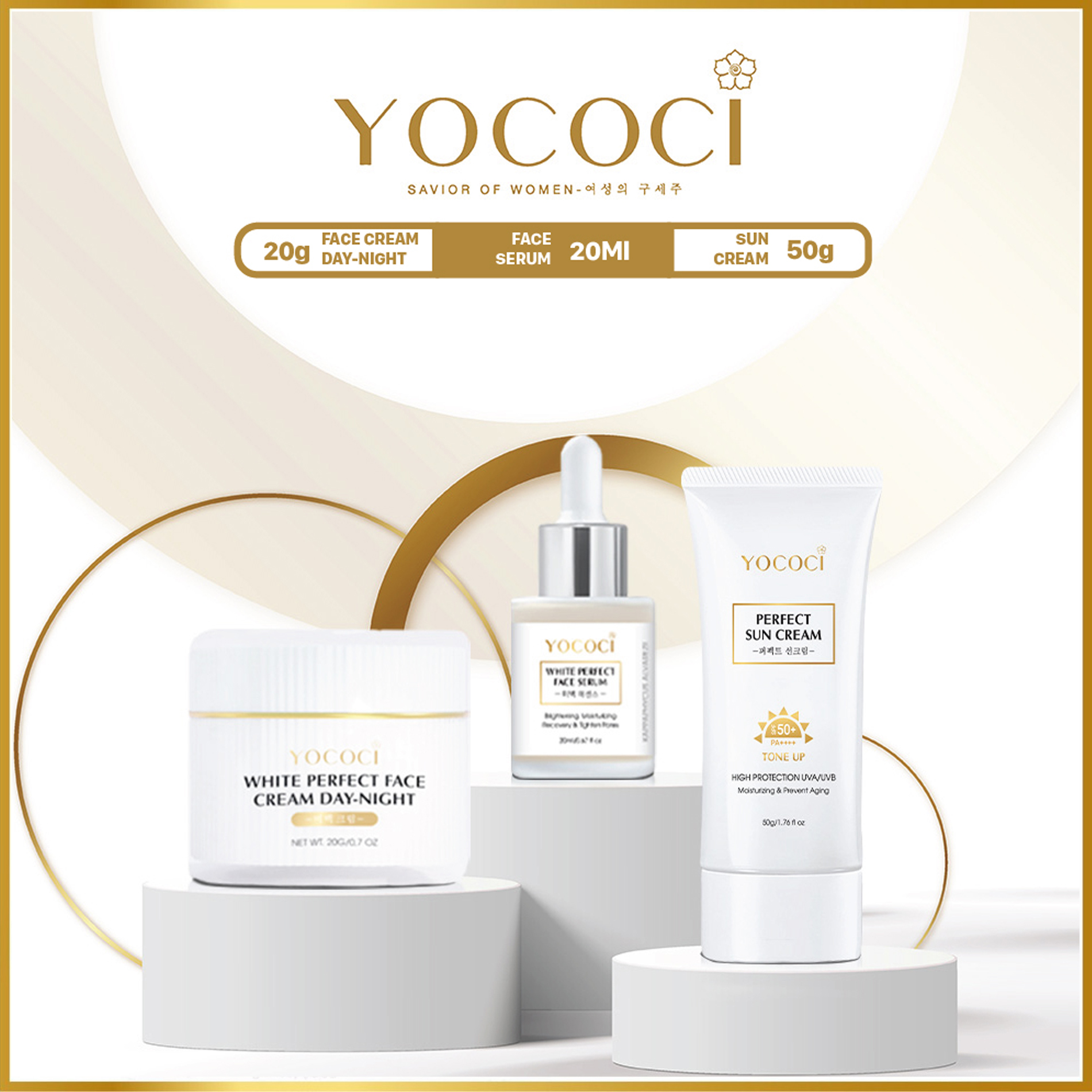 Bộ 3 Sản Phẩm YOCOCI Gồm 1 Kem Chống Nắng 50g, 1 Kem Face 20g &amp; 1 Serum 20ml