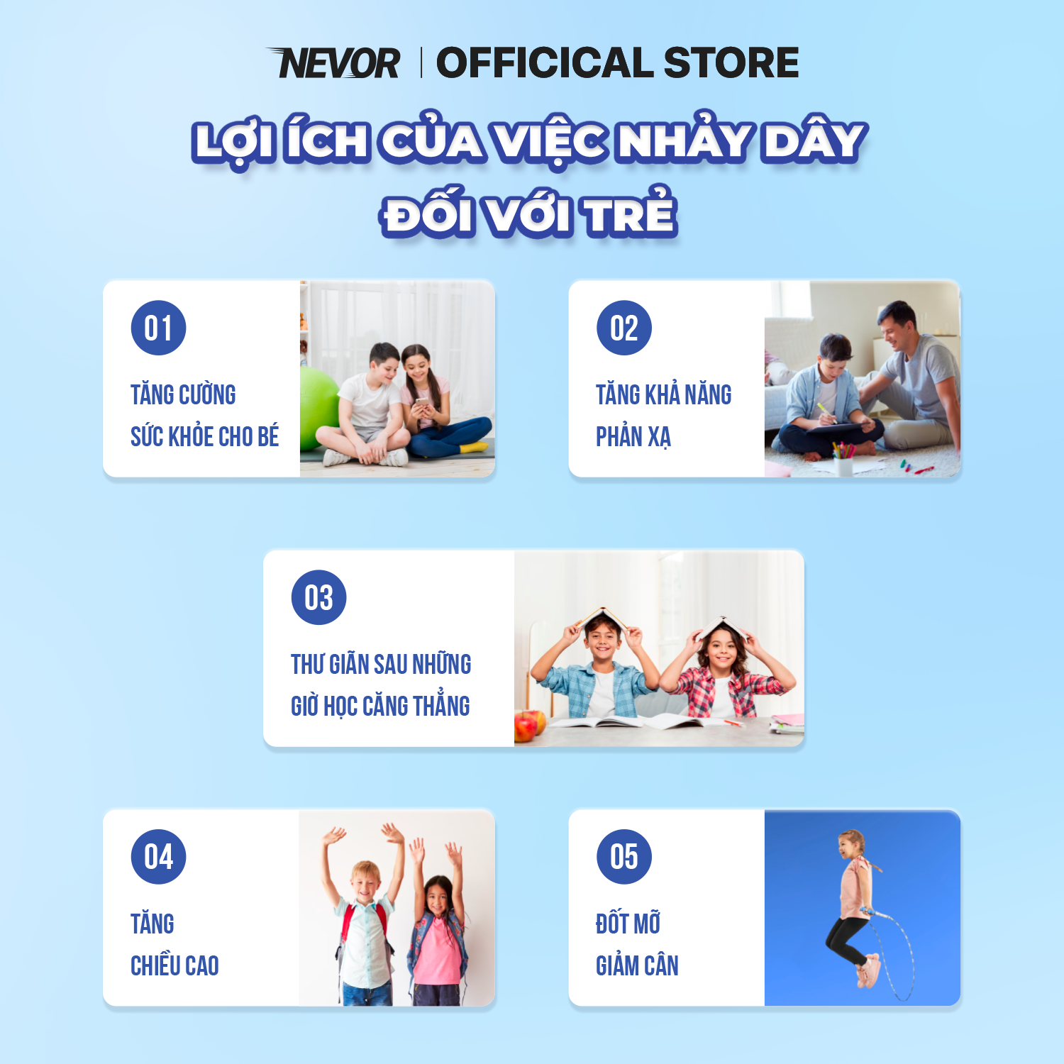 Dây nhảy thể lực trẻ em Nevor DNTE01 có thể điều chỉnh độ dài giúp tăng khả năng phản xạ, hỗ trợ giảm cân, tăng chiều cao,...