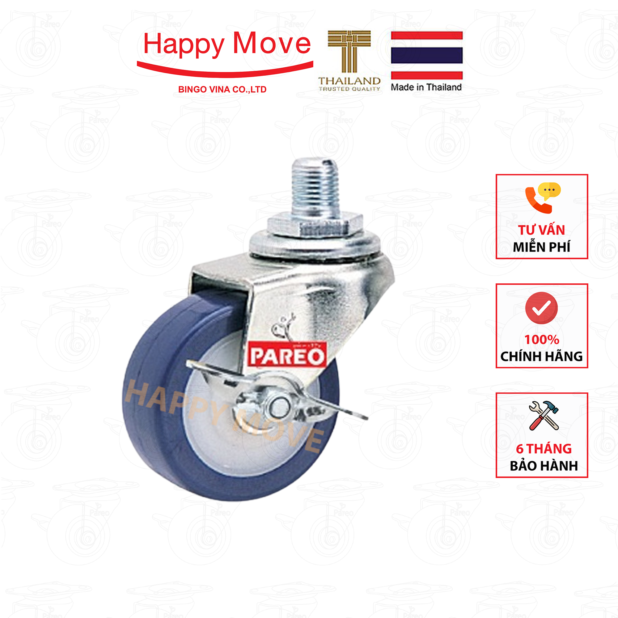 Bánh xe đẩy PU tải nhẹ cọc vít xoay khóa - 50-65-75mm - Happy Move Thái Lan