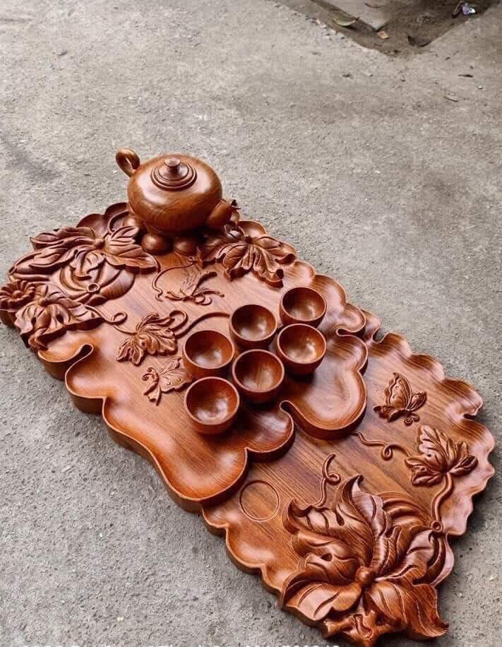 Khay + ấm chén làm từ gỗ nguyên khối