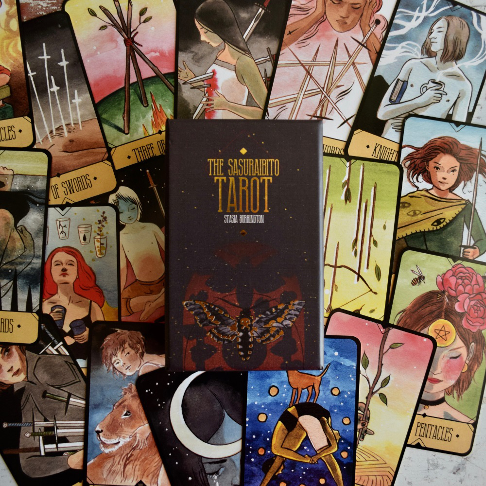 [Mạ Cạnh Size Gốc] Bài Tarot  The Sasuraibito  Hộp Cứng Cao Cấp 78 Lá Bài Mạ Vàng Size Gốc Đá Thanh Tẩy