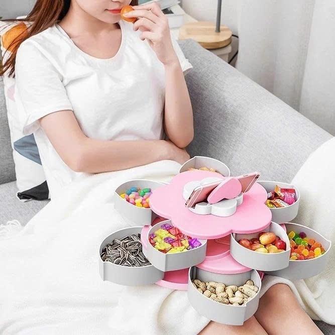 Khay đựng mứt bánh kẹo tết 2 tầng 10 cánh xoay 360 độ trưng bày bánh kẹo tết