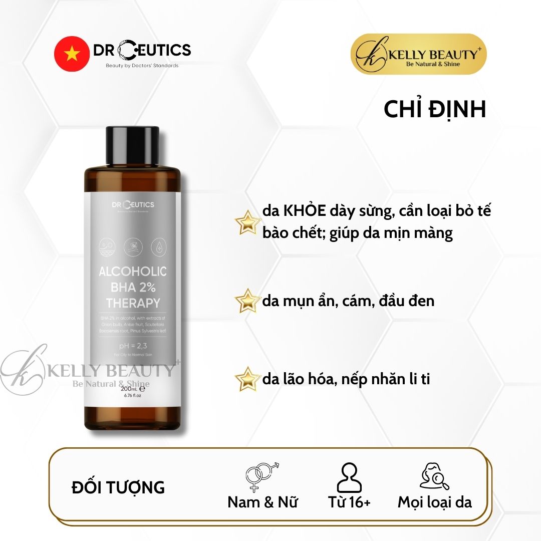 DrCeutics ALCOHOLIC BHA 2% Therapy NỀN CỒN- Giảm Mụn, Loại Bỏ Da Chết, Dầu Thừa; Se Lỗ Chân Lông | Kelly Beauty