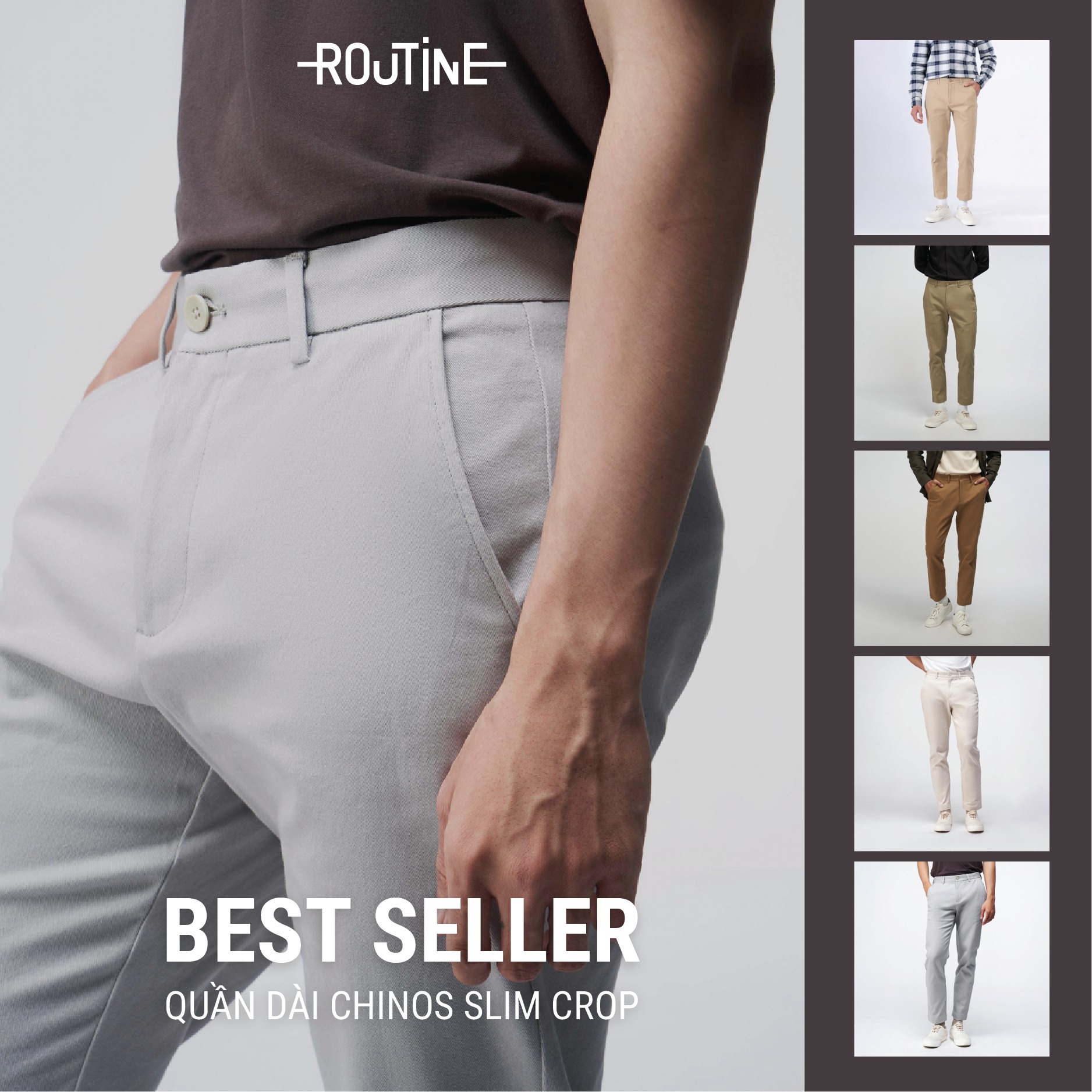 QUẦN KAKI NAM ROUTINE màu XÁM form slim crop chất vải kaki cotton cao cấp có độ co giãn nhẹ - 10F21PCA002CR1 | LASTORE MENSWEAR