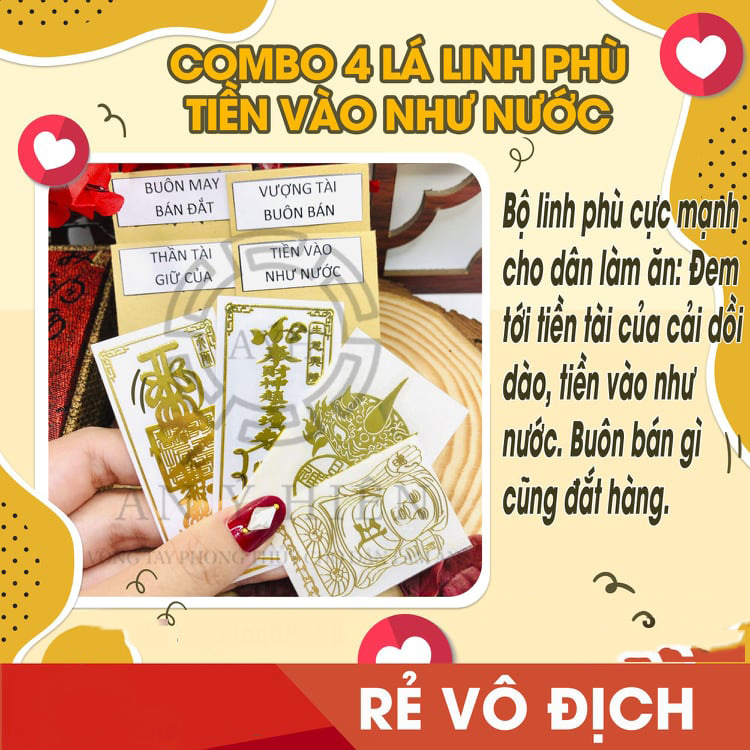 Combo 4 lá linh phù tiền vô như nước BUÔN MAY BÁN ĐẮT+VƯỢNG TÀI BUÔN BÁN+TIỀN VÔ NHƯ NƯỚC+THẦN TÀI GIỮ CỦA. Để bóp ví, dùng làm miếng dán điện thoại, máy tính, nhà cửa, xe