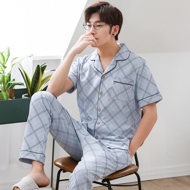 Đồ bộ nam Pijama cộc tay màu sắc sáng da, họa tiết kẻ sọc nam tính, Bộ Pyjama Quảng Châu xịn xò