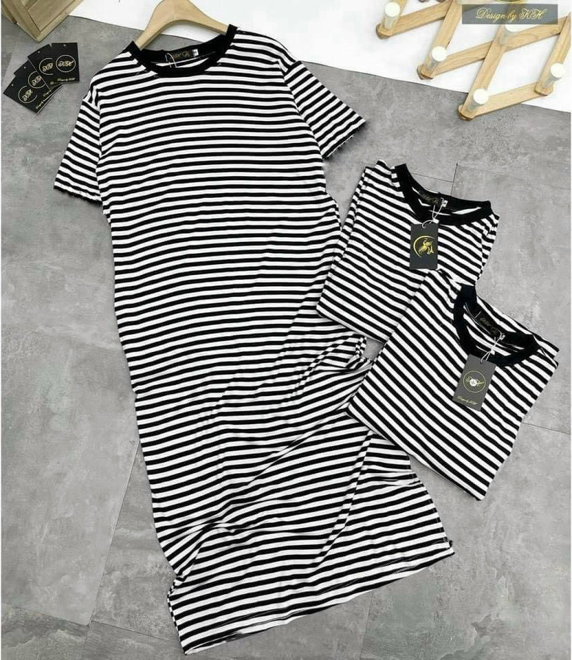 Váy suông dáng dài kẻ đen trắng, đầm suông tay lỡ vải cotton