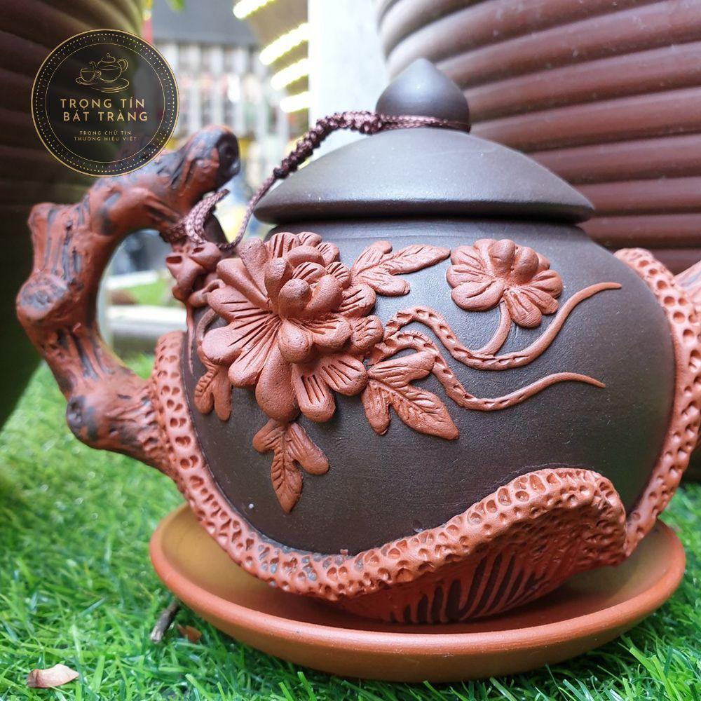 Bộ Ấm Chén Trà Đạo Gốm Tử Sa Bát Tràng Đắp Nổi Hoa Phù Dung Dáng Thủy Bình Dung Tích 400ml ATSML 02.4