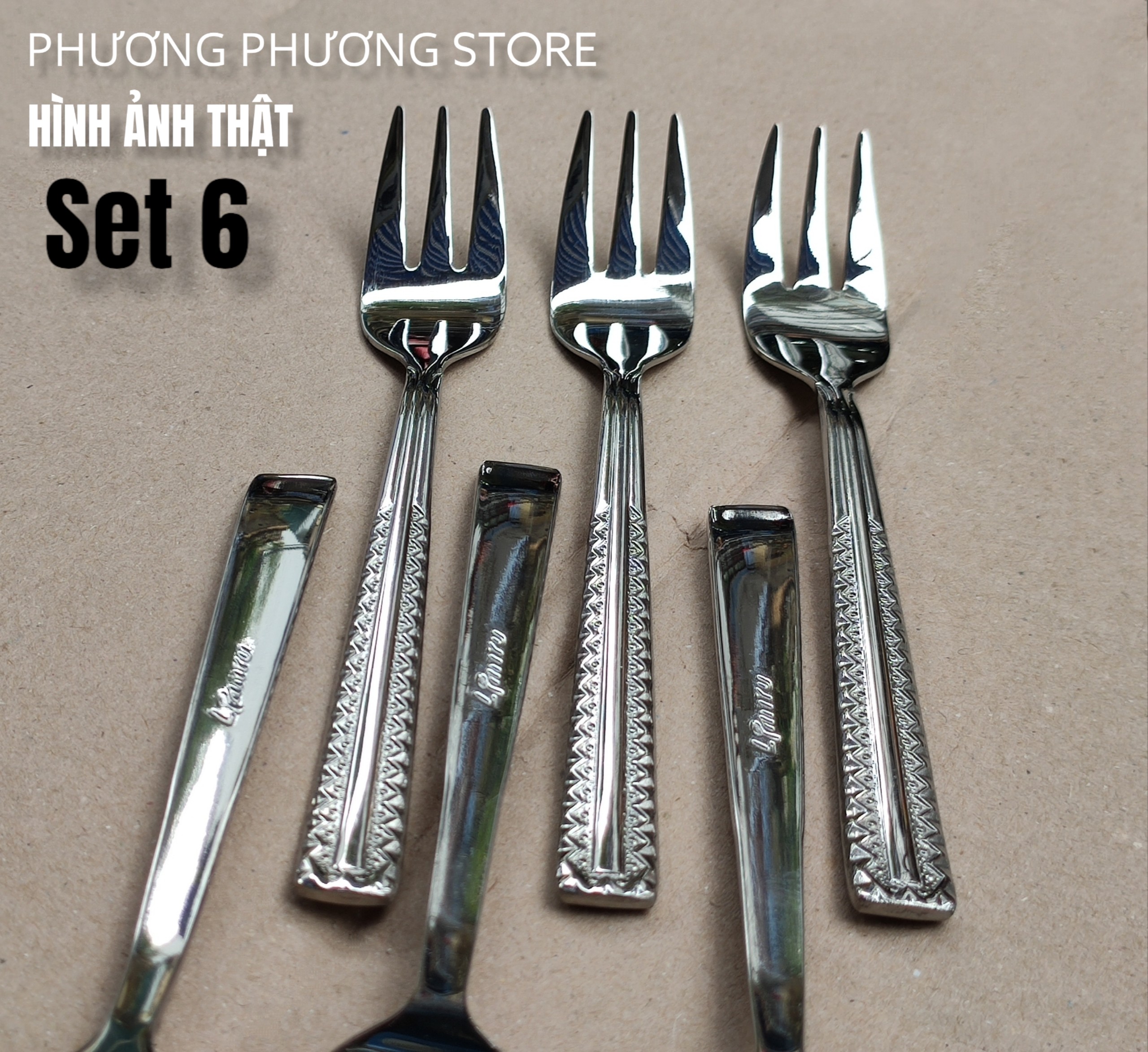 COMBO SÉT 6 NĨA / DĨA 3 RĂNG HOA VĂN CAO CẤP DÀI 14,5 CM HÀNG INOX SÁNG BÓNG XỊN SÒ