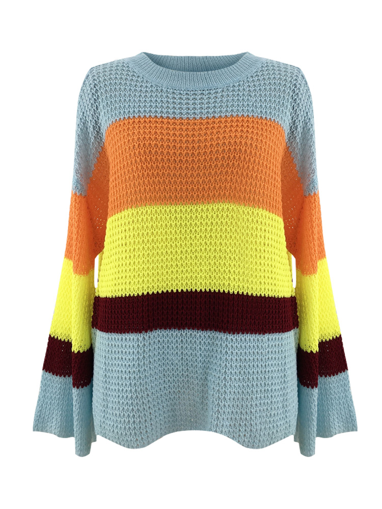 Women Loose Striped Knitted Pullover Sweater Rain-bow Contrast Color Bell Long Sleeves O Neck Knitting Top