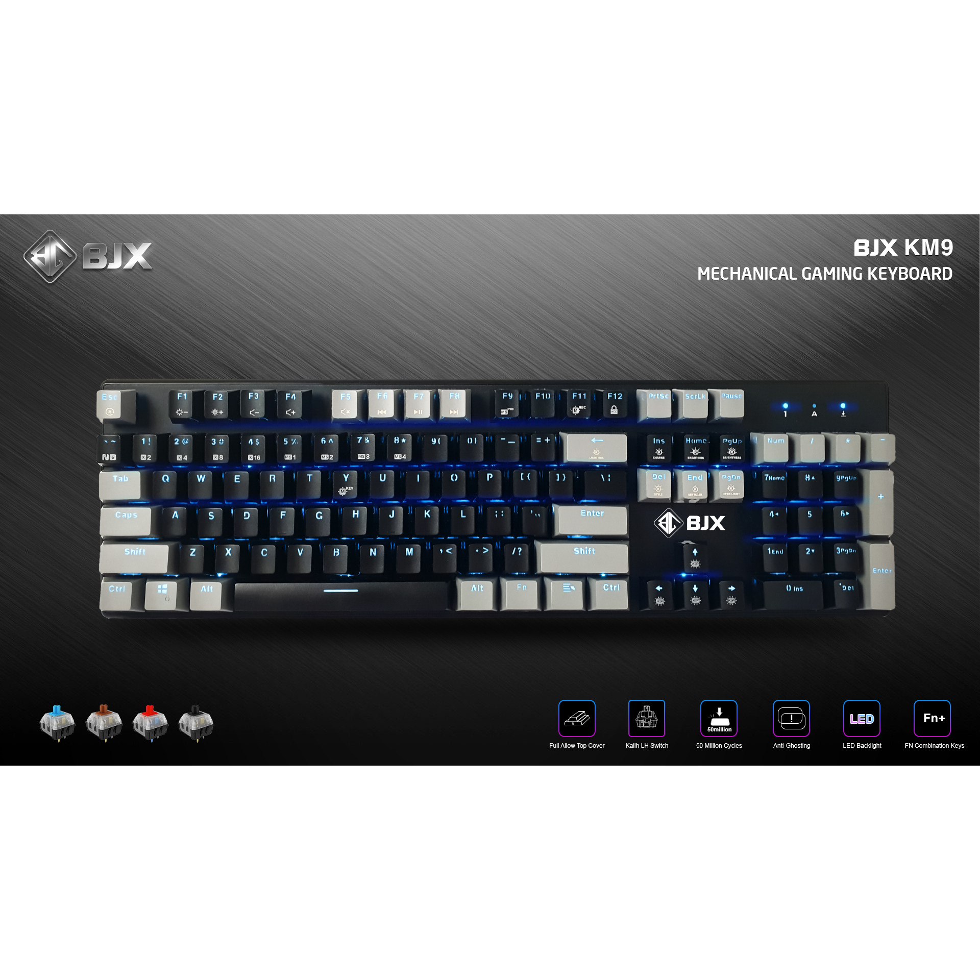 Bàn phím cơ BJX KM9 Full Size Blue Switch - chuyên gaming - thiết kế mới - thương hiệu mỹ - Hàng chính hãng