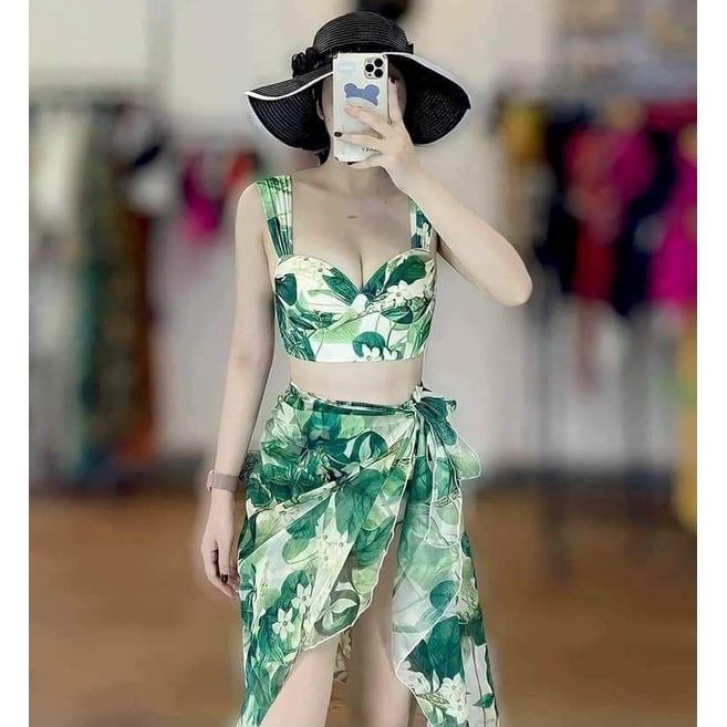 BIKINI ÁO GỌNG VUÔNG QUẦN CẠP CAO PHỐI KHĂN HỌA TIẾT XANH LÁ BIKINI UMI