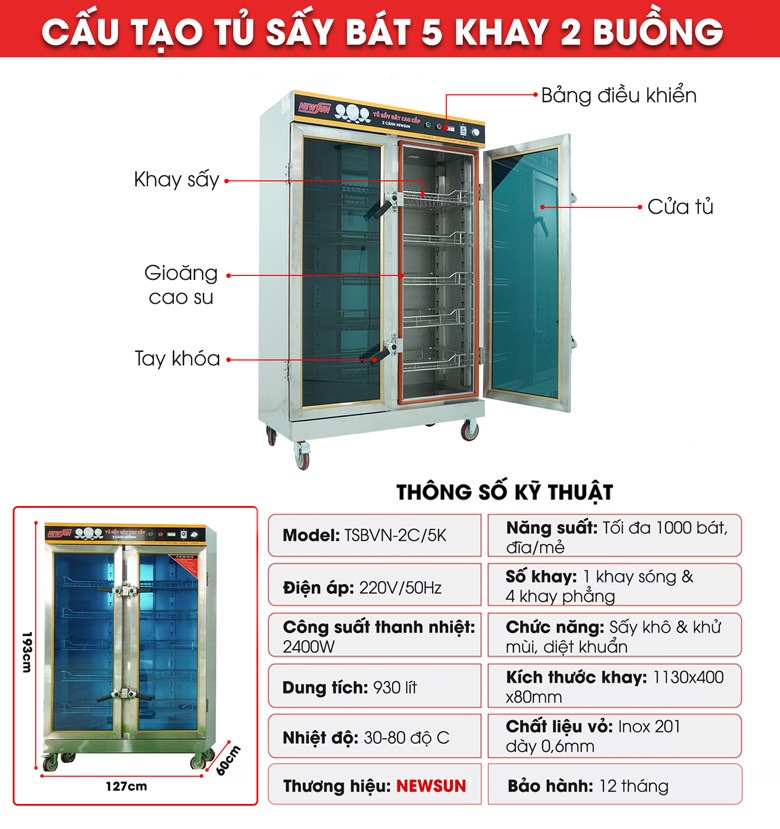 Tủ sấy bát công nghiệp 2 cánh 5 khay NEWSUN inox cao cấp - Hàng chính hãng