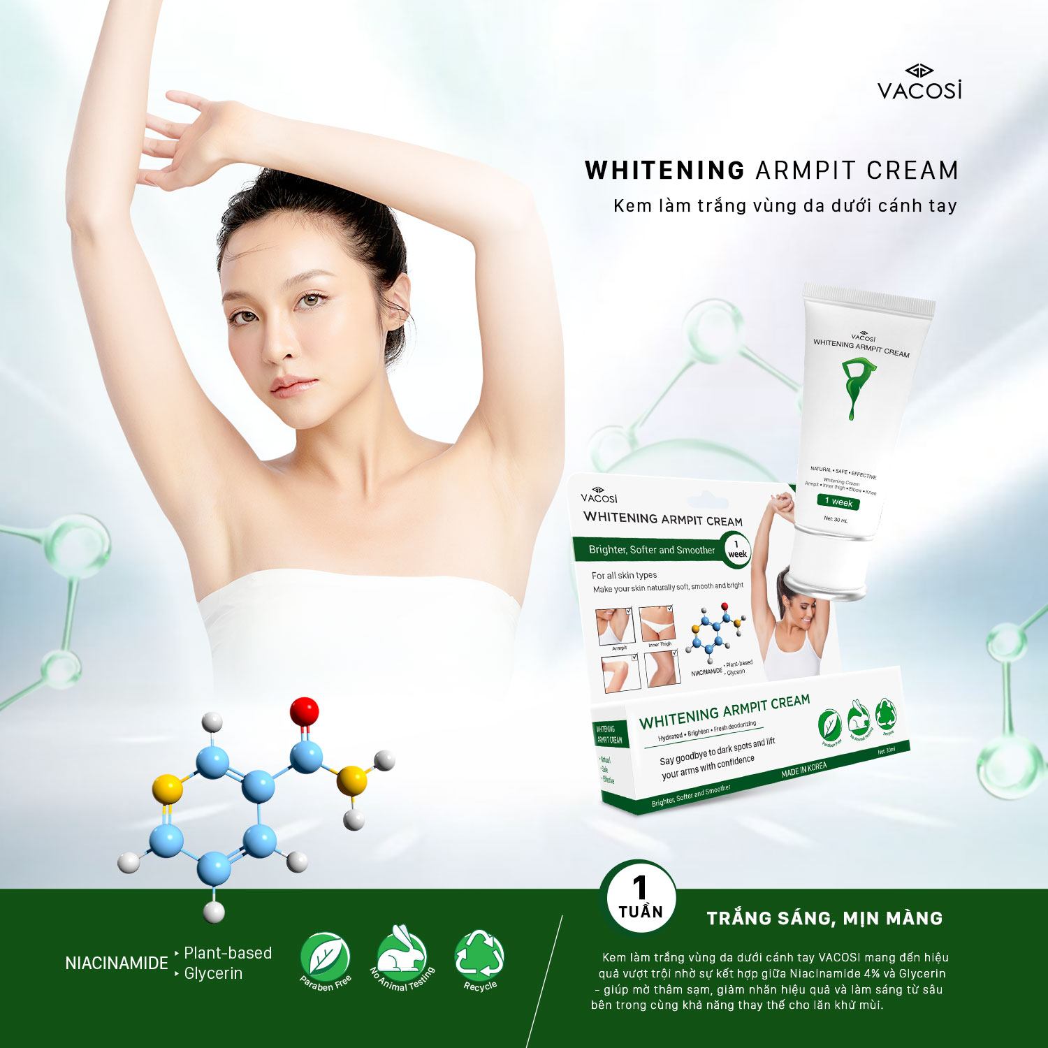 Kem dưỡng Sáng da Vùng da dưới cánh tay VACOSI WHITENING ARMPIT CREAM 30mL