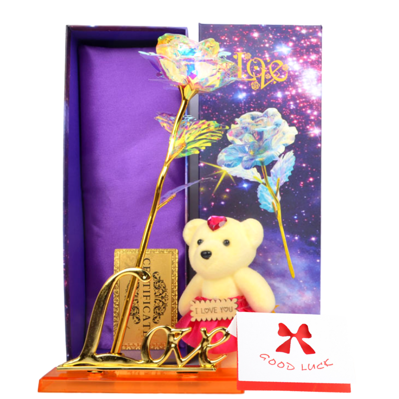 Quà Valentine, Quà 8/3 Tặng Vợ, Quà Sinh Nhật Ý Nghĩa Tặng Bạn Gái - Hoa Hồng Galaxy Phát Sáng Golden Rose Có Đèn Led Đế Love Kèm Gấu Bông Nhỏ Và Thiệp Chúc Mừng (New Version)