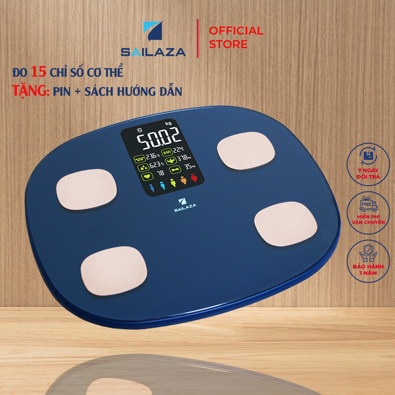 Cân Điện Tử Thông Minh Cao Cấp Kiểm Tra Toàn Diện 15 Chỉ Số Cơ Thể Màn Hình Màu LCD Cao Cấp Tích Hợp App Kết Nối Bluetooth Sailaza SA-1211 - Hàng Chính Hãng