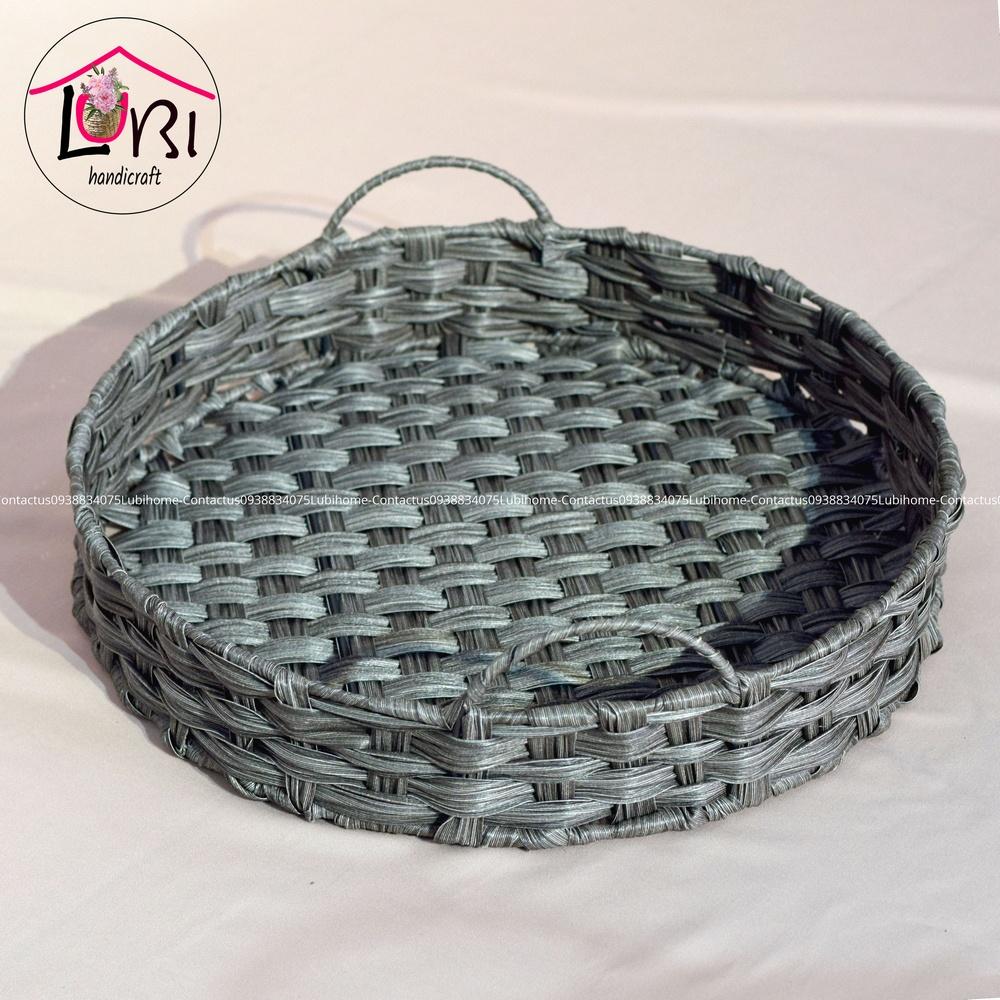 Lubihandicraft - Khay tròn đựng đồ đan dây nhựa xám quai cầm bán nguyệt - xinh xắn