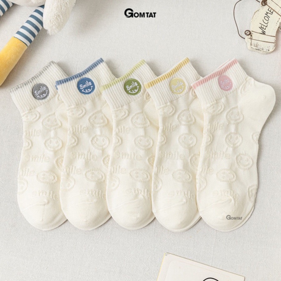 Set 5 đôi vớ nữ cổ ngắn xinh xắn họa tiết mặt cười, tất nữ cổ thấp chất liệu cotton mềm mỏng thoáng mát - CB092