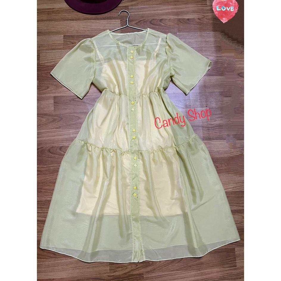 Đầm babydoll tiểu thư cổ tròn cài nút nhún tầng xinh xắn