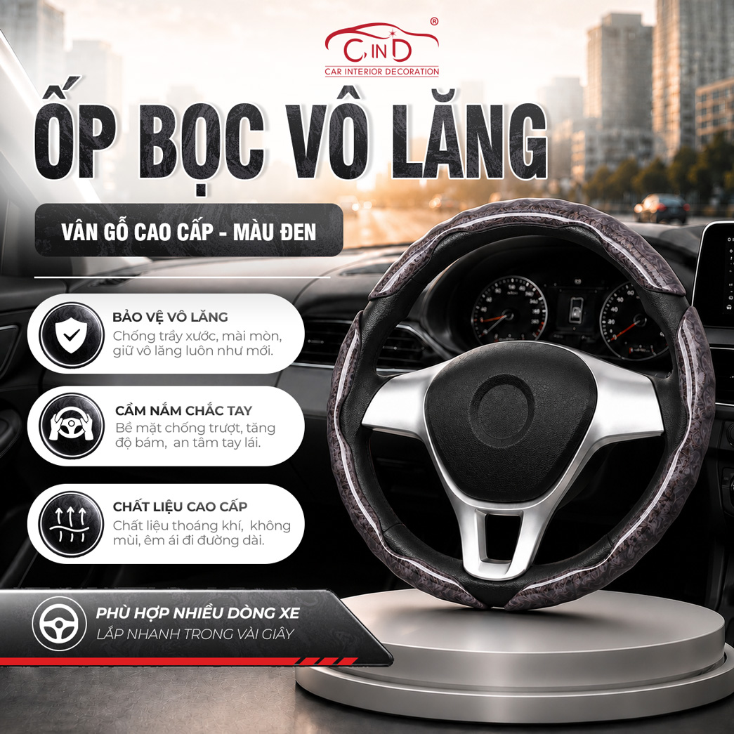 Ốp Bọc Vô Lăng CIND Vân Gỗ Đào Sang Trọng Mỏng Nhẹ Chống Trượt Phù Hợp Nhiều Dòng Xe