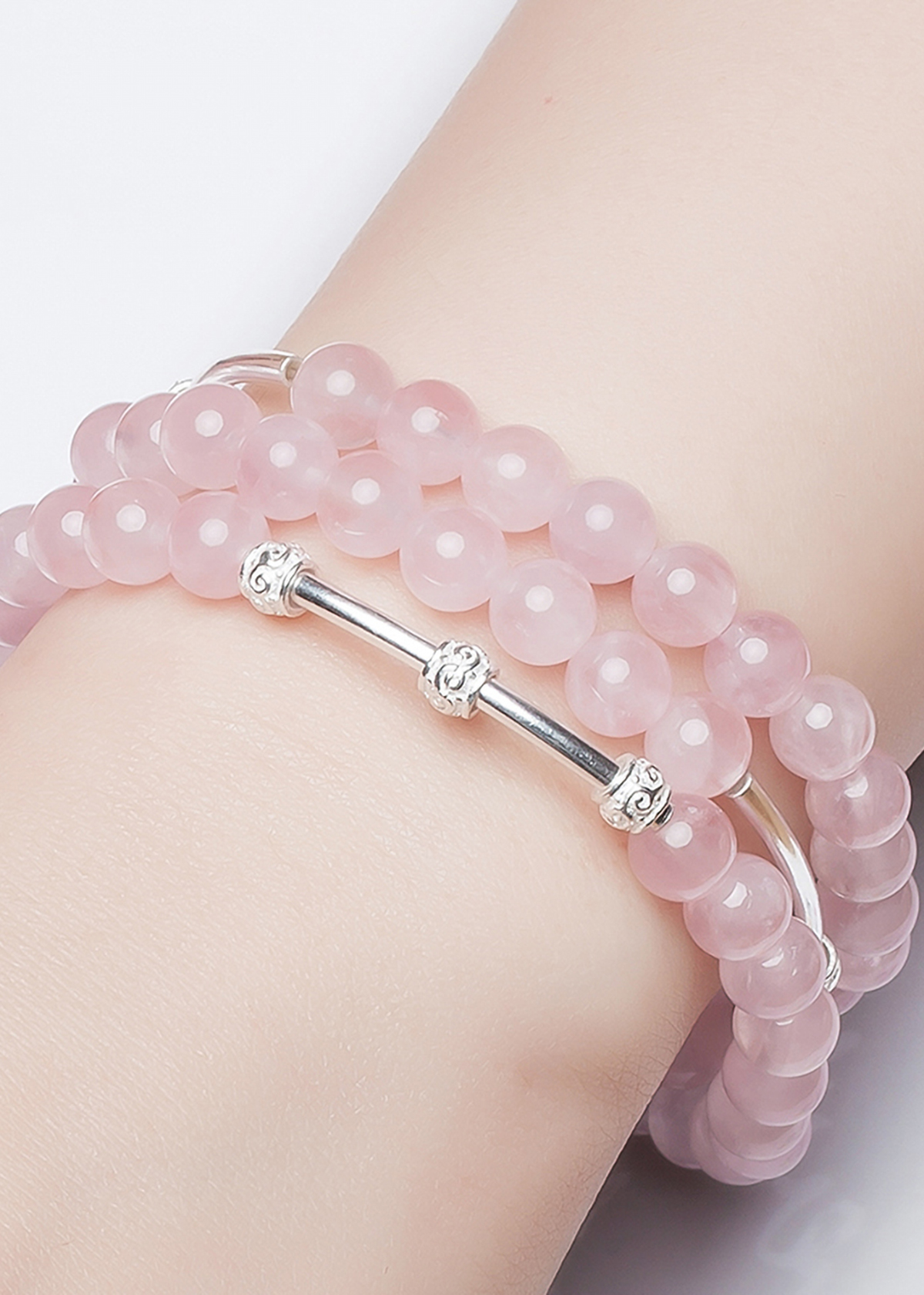 Vòng tay 3 line đá thạch anh hồng charm bạc mệnh hỏa, thổ - Ngọc Quý Gemstones